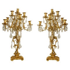 Antique Pair Louis XV Style Gilt Bronze Candelabra with Rock Crystals