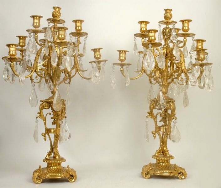 Pair Louis XV Style Gilt Bronze Candelabra with Rock Crystals