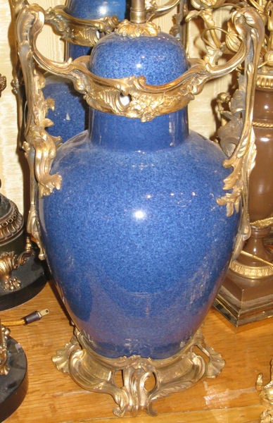 Pair of Louis XV Style Bronze Mounted Blue Porcelain Lamps
