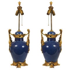 Pair of Louis XV Style Bronze Mounted Blue Porcelain Lamps