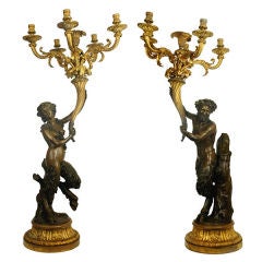 Louis XVI Style Figural Satyr Bronze Candelabra After Clodion