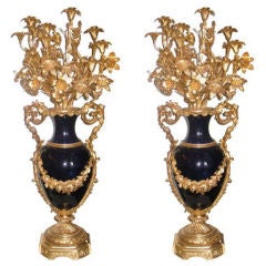 Pair Tall Cobalt Blue Porcelain & Dore Bronze Candelabra