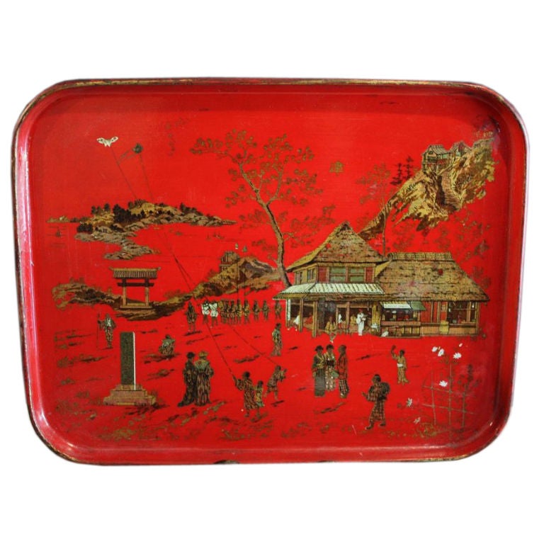 Red Lacquered Chinoiserie Tray of Papier Mâché from England