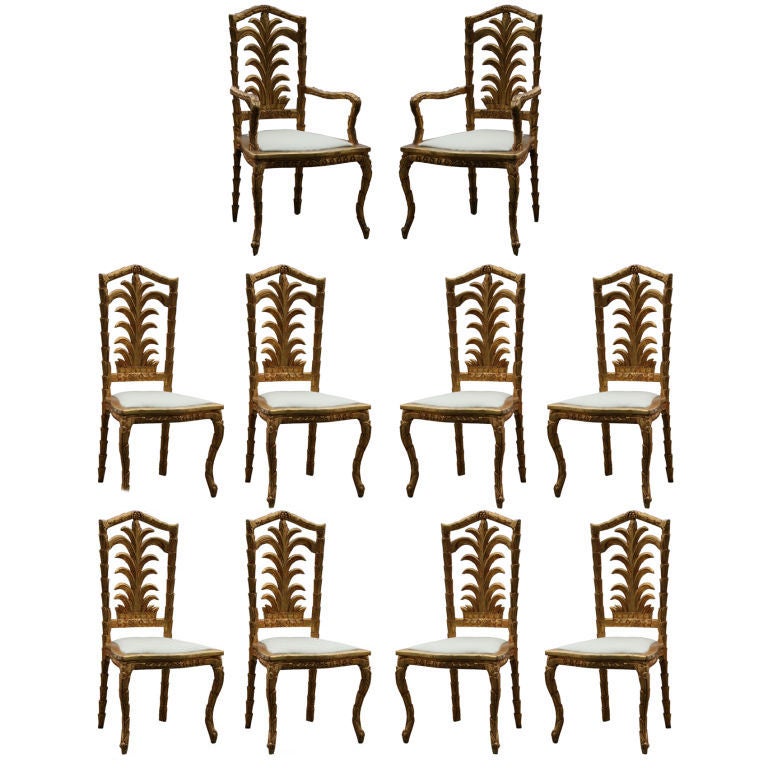 Set of 10 Carved and Gilded Italian Dining Chairs