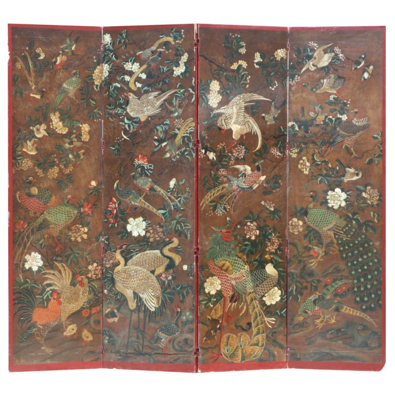 Antique Chinoiserie Handpainted 4 panel Screen