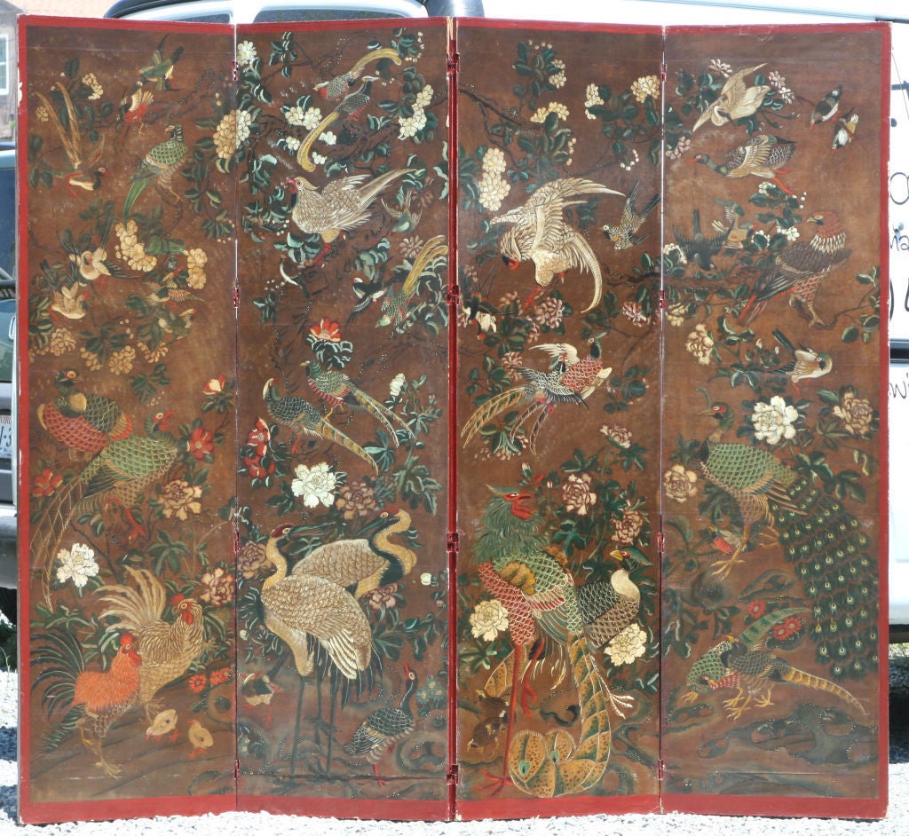 Stunning Handpainted Chinoiserie Screen with colors Tony Duquette would have loved!  The screen is filled with birds.  I started to cound every one of them and I kept finding more.  I'd guess there are around 50 birds on the screen.