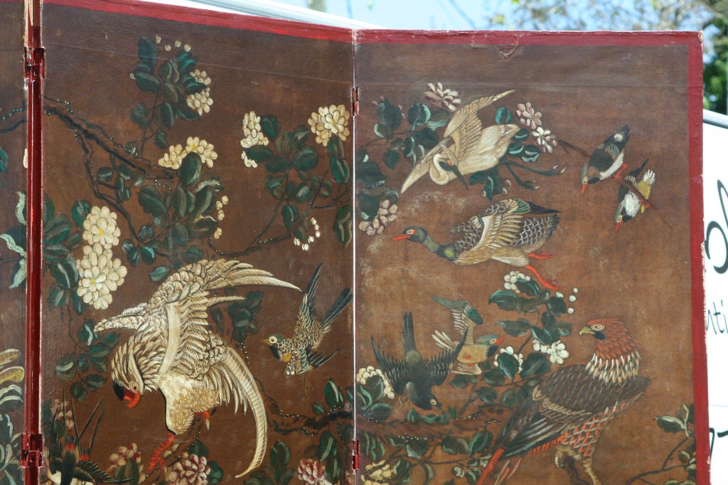 Wood Antique Chinoiserie Handpainted 4 panel Screen
