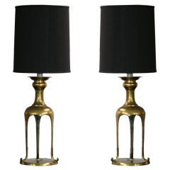 Pair of Asian Style Brass Lamps with Black Silk Shades