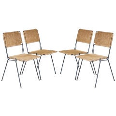 Set of 4 French Iron and Rush Modernist Stacking Chairs