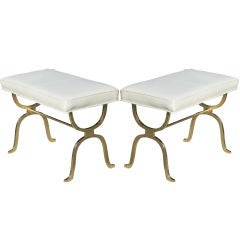 Pair of White Leather 
Gilt Iron Benches