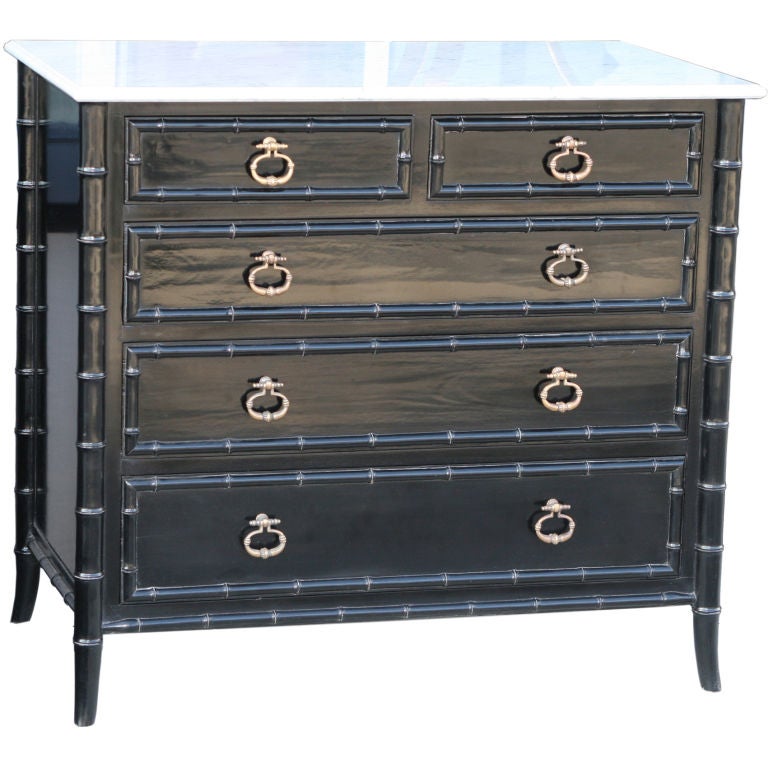 Polished Black Lacquer Faux Bamboo Dresser