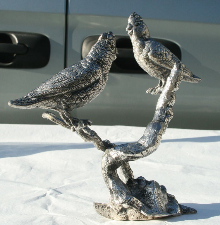 American Pewter Bird Sculpture with Sapphire Eyes