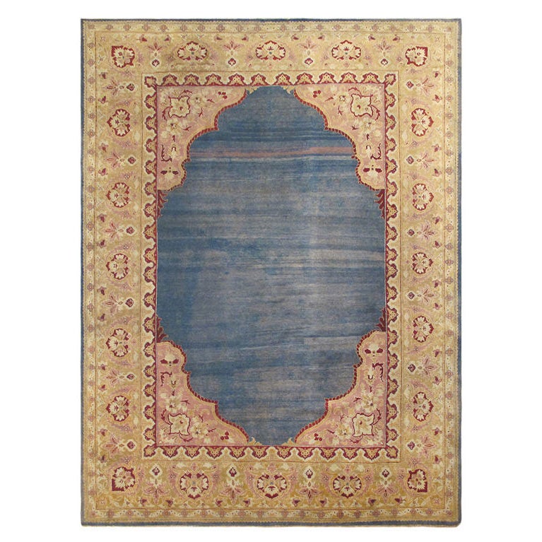 Antique 19th Century Indian Agra Rug in Solid Blue Background For Sale