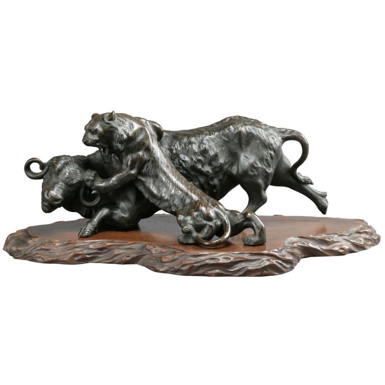 Japanese animal bronze ( tiger and water buffalo ) For Sale