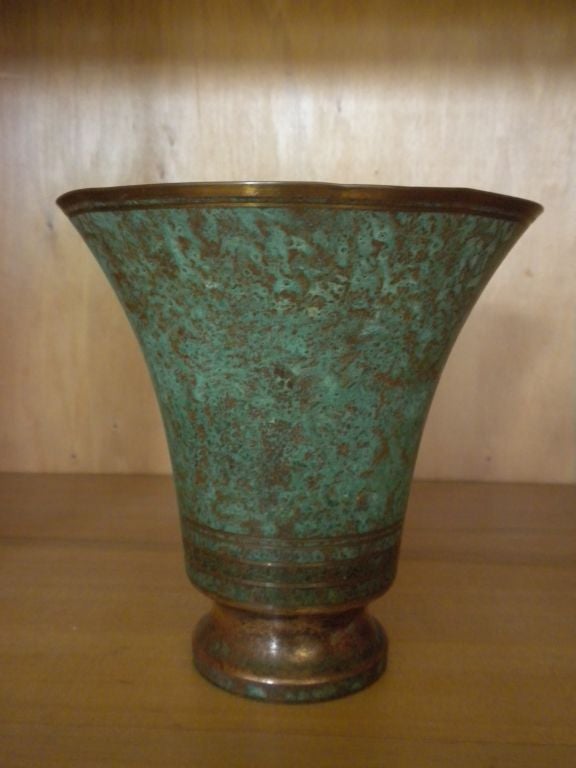 A bronze Vase (this is the largest of the three in our current collection) hand tooled and finished to a verdigris patina by Carl Sorensen. Signed at the back of the Vase 