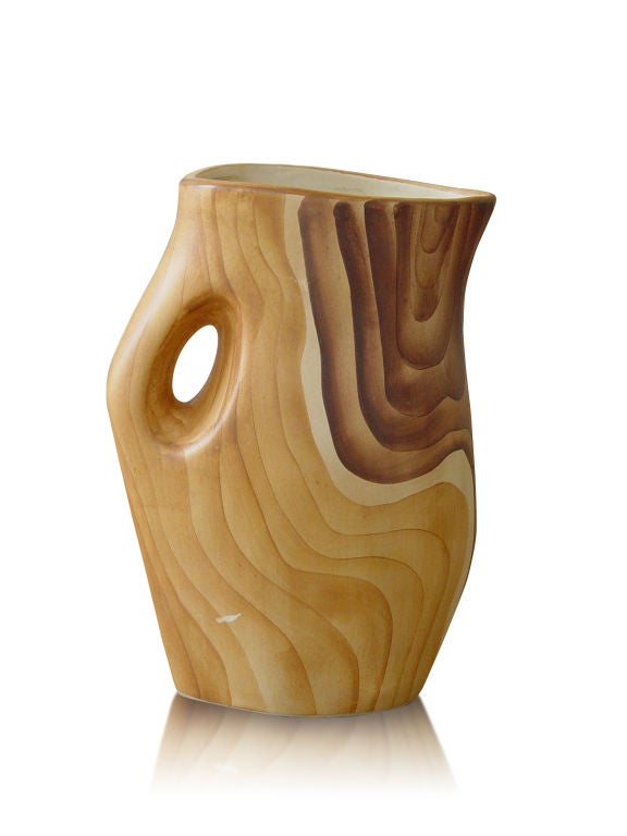 A faux bois ceramic pitcher by the french potier, Grandjean Jourdan, Vallauris, France. Signed 'Vallauris'.