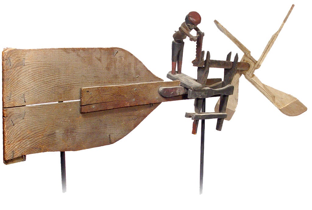 Early Folk Art Whirligig- Articulated Worker Sawing Wood 