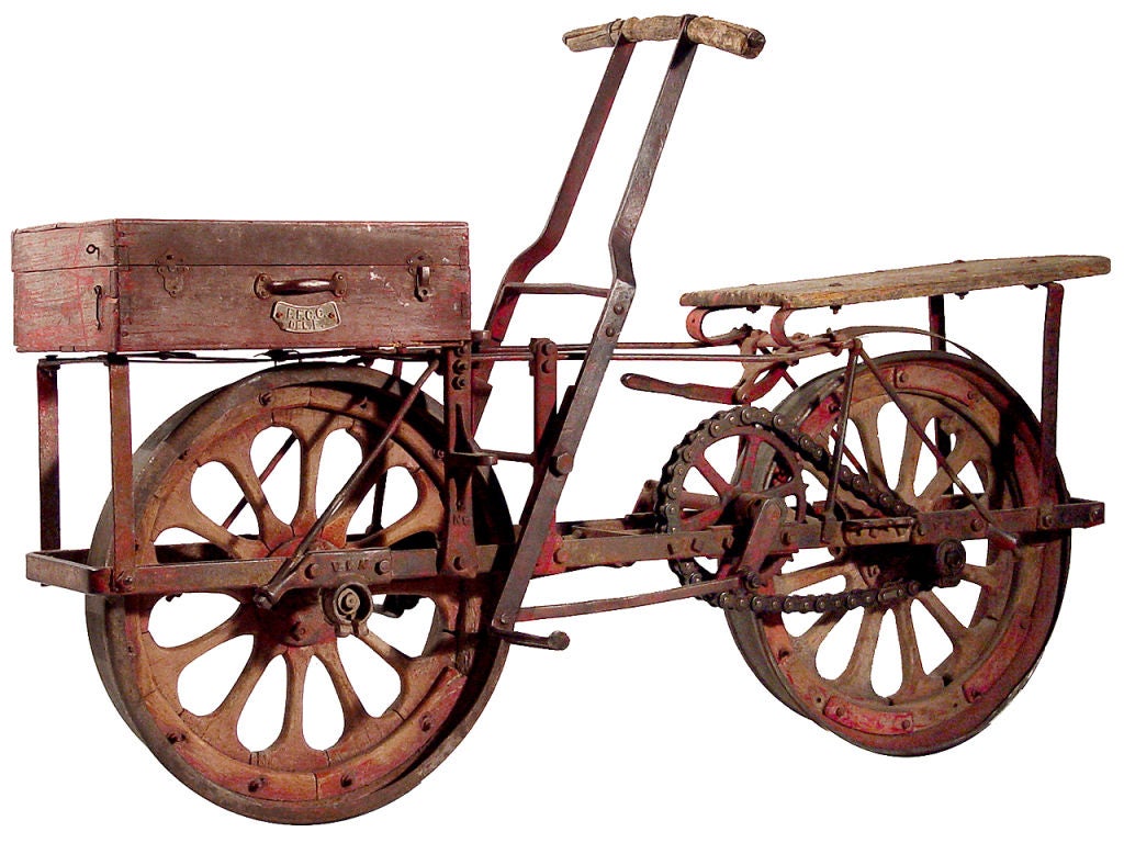 This original full size railroad bicycle was found in Argentina. It dates from the 1870's and is in amazing untouched condition. It has a beautiful rustic patina showing the weathered red paint. It's also in perfect working condition.  These