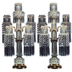 LARGE PAIR OF FIVE-LIGHT REGENCY BRASS AND CUT GLASS CANDELABRA