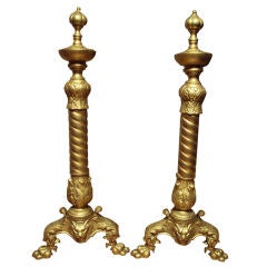 ANTIQUE PAIR OF BRONZE BRASS ANDIRONS WITH LION HEAD, CLAW FEET