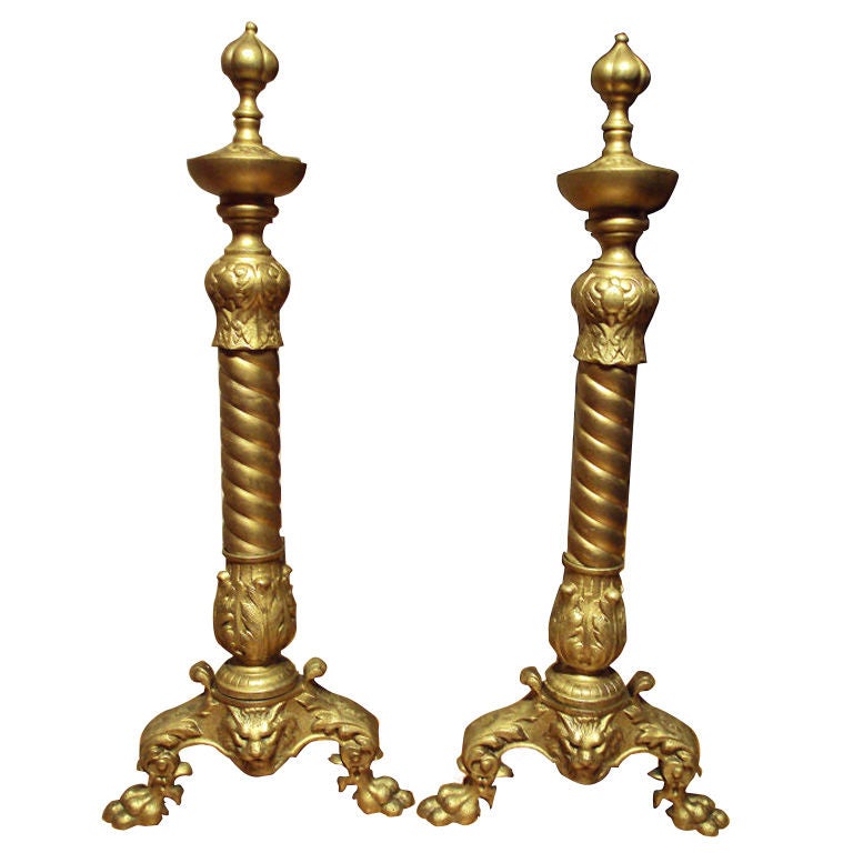 ANTIQUE PAIR OF BRONZE BRASS ANDIRONS WITH LION HEAD, CLAW FEET For Sale