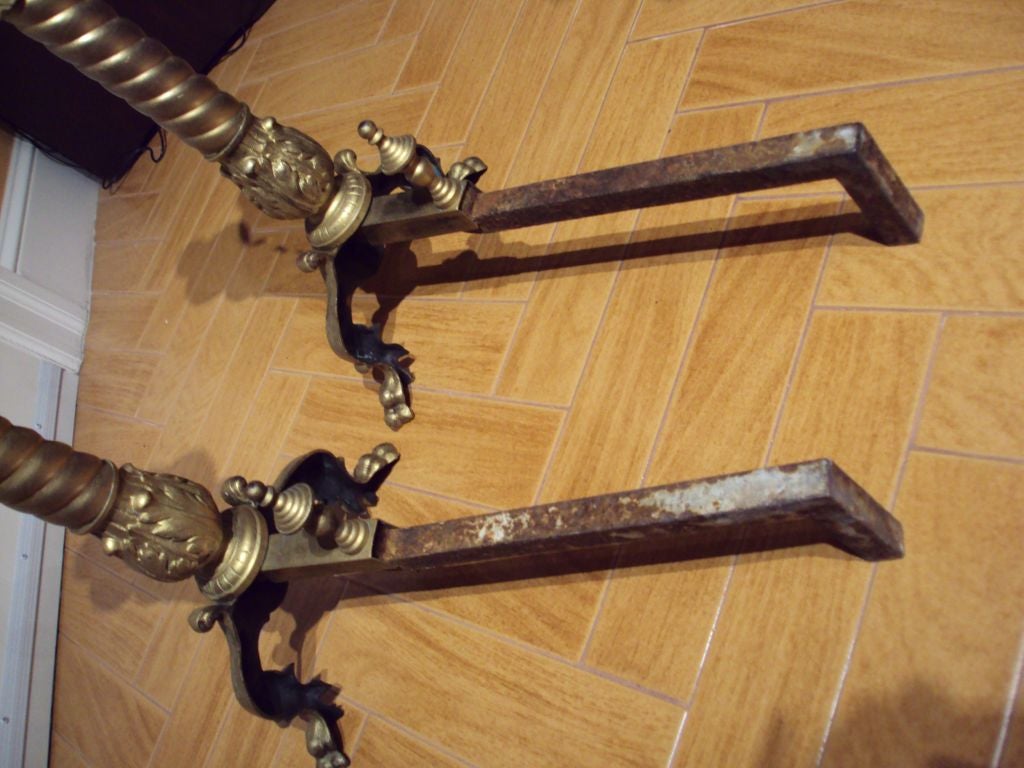 ANTIQUE PAIR OF BRONZE BRASS ANDIRONS WITH LION HEAD, CLAW FEET For Sale 2