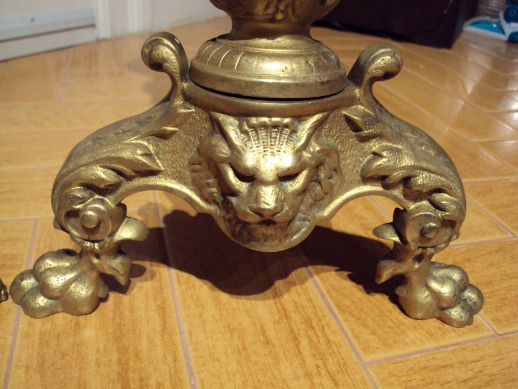 19th Century ANTIQUE PAIR OF BRONZE BRASS ANDIRONS WITH LION HEAD, CLAW FEET For Sale