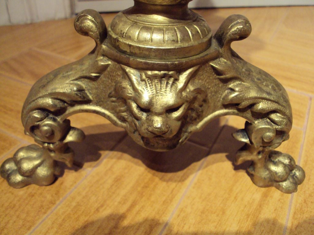 ANTIQUE PAIR OF BRONZE BRASS ANDIRONS WITH LION HEAD, CLAW FEET For Sale 1