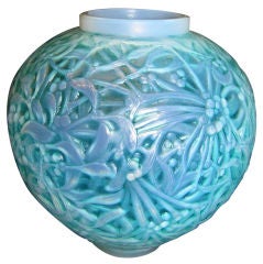 Vintage Art Deco Cased Opalescent R Lalique Gui Vase W Blue Green Patina