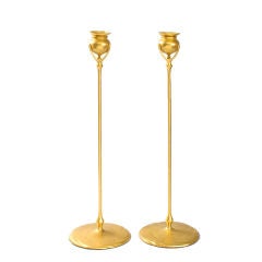 Antique Pair of Tiffany Gilt Bronze “Puddlestick” Candlesticks