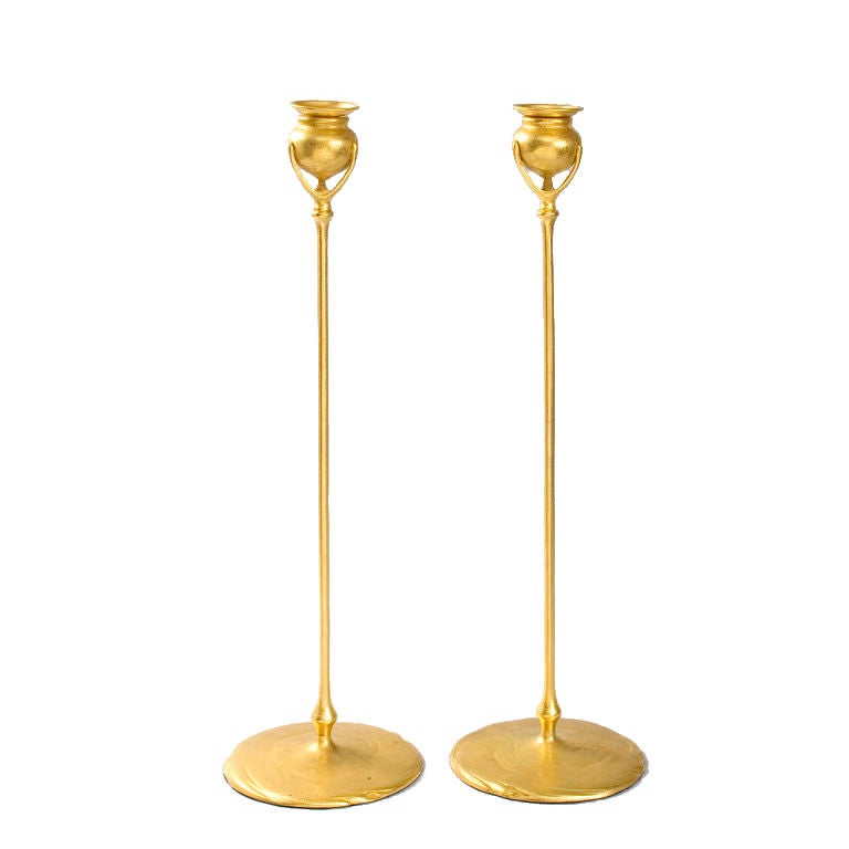 Pair of Tiffany Gilt Bronze “Puddlestick” Candlesticks