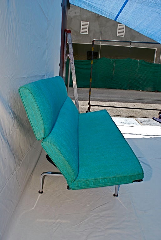 An elegant 1950 s Charles Eames for Herman Miller, with original turquoise  knoll fabric in very good condition

ALL SALES ARE FINAL, STORE CREDIT OR EXCHANGE ONLY