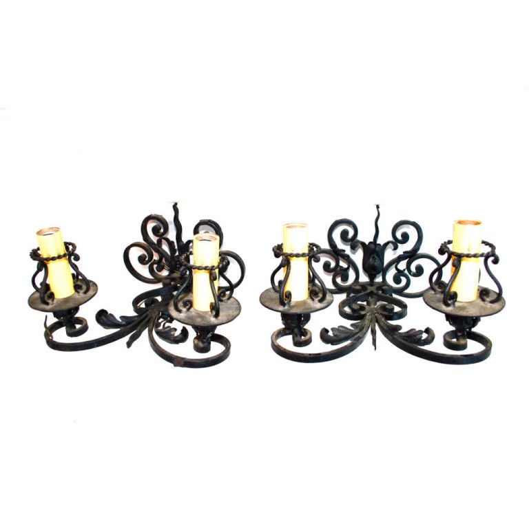 Pair of antique French 1920 wrought iron sconces For Sale