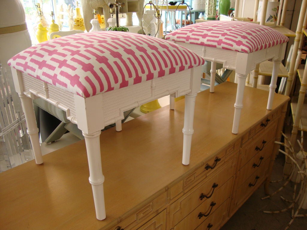 This pair of faux famboo benches / stools is in nice as found VINTAGE condition with newly upholstered seats.  GREAT pair.