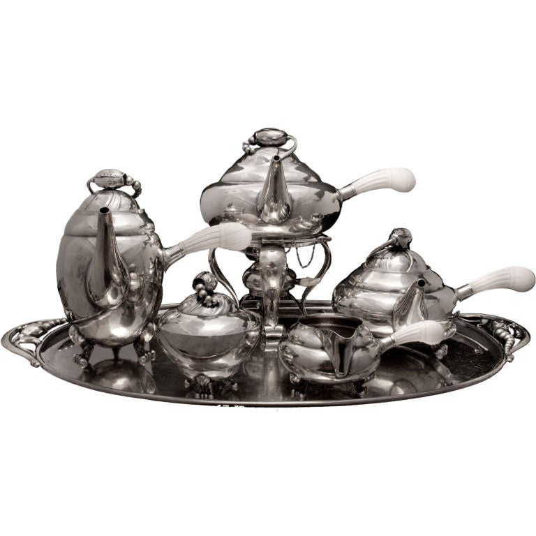 5 Piece Georg Jensen Sterling Blossom Tea Set On Oval Tray For Sale