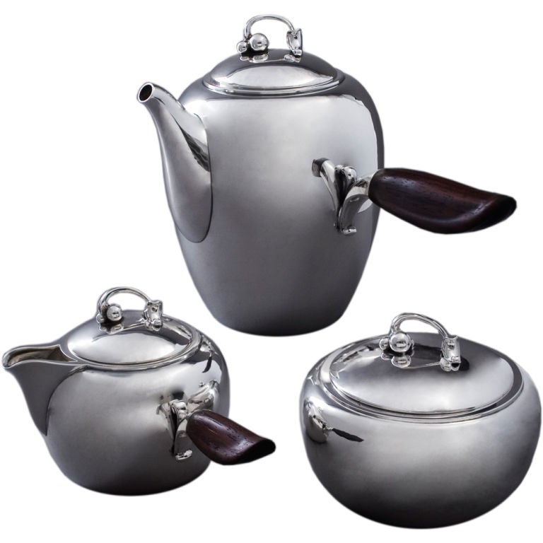 3 piece Georg Jensen sterling coffee set with wood handles For Sale