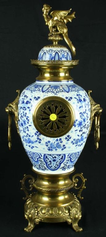 Large Antique Blue Delft Garniture Mantel Clock Dragon For Sale 6
