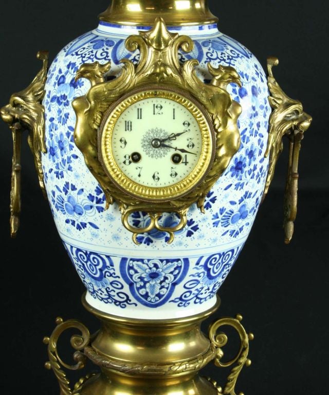 19th Century Large Antique Blue Delft Garniture Mantel Clock Dragon For Sale