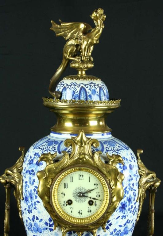 Ceramic Large Antique Blue Delft Garniture Mantel Clock Dragon For Sale