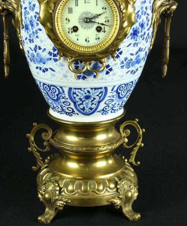Large Antique Blue Delft Garniture Mantel Clock Dragon For Sale 1