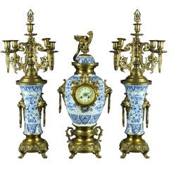Large Antique Blue Delft Garniture Mantel Clock Dragon