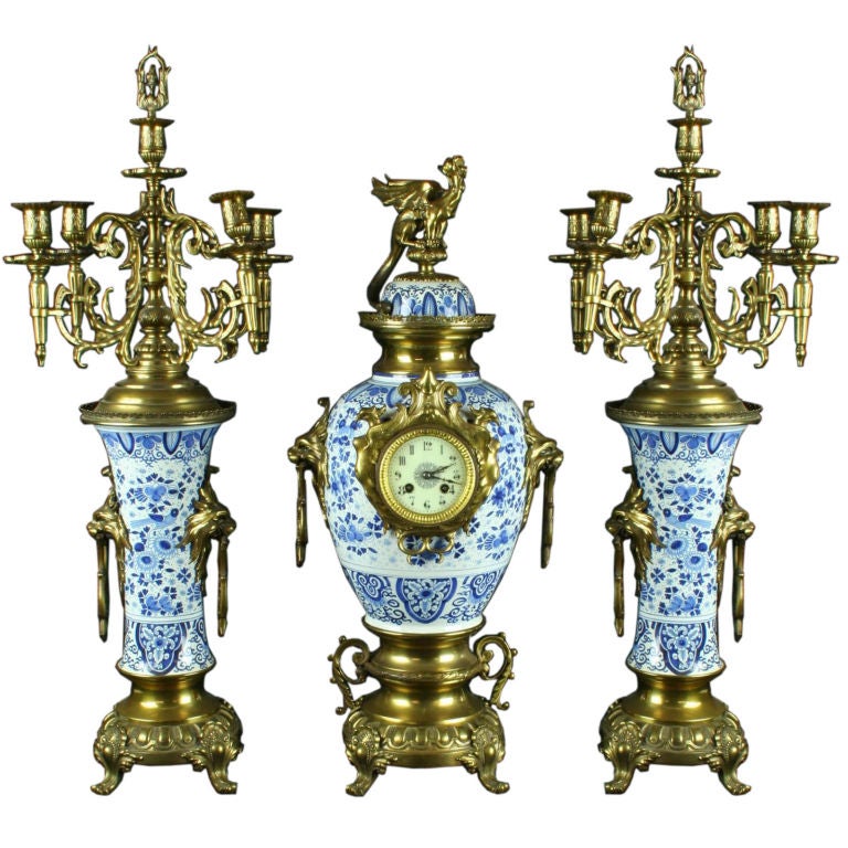 Large Antique Blue Delft Garniture Mantel Clock Dragon For Sale