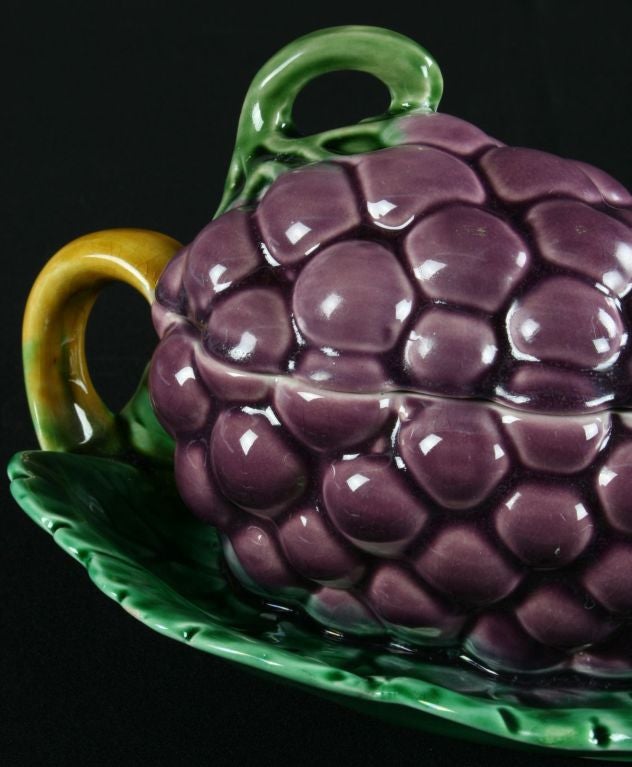 Item #: 2-425-0<br />
<br />
Vintage French Majolica Grapes Jelly Bowl Sarreguemines<br />
<br />
Comment: <br />
<br />
This charming piece will make a wonderful addition to your collection!<br />
<br />
Mark: Sarreguemines<br />
<br
