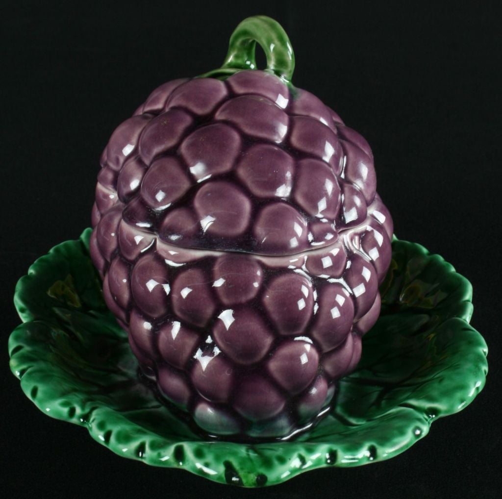 Ceramic Vintage French Majolica Grapes Jelly Bowl Sarreguemines