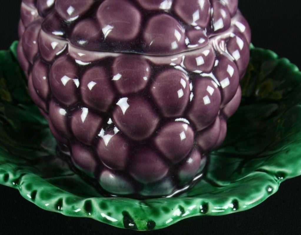 Vintage French Majolica Grapes Jelly Bowl Sarreguemines 1