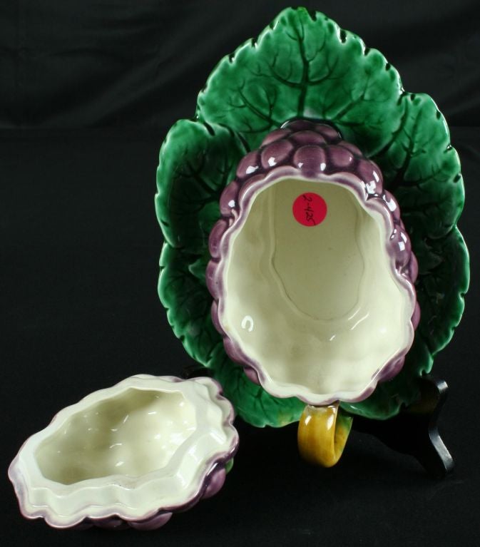 Vintage French Majolica Grapes Jelly Bowl Sarreguemines 4
