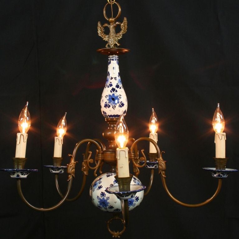 Vintage Hand-Painted Blue Delft 6-Arm Chandelier