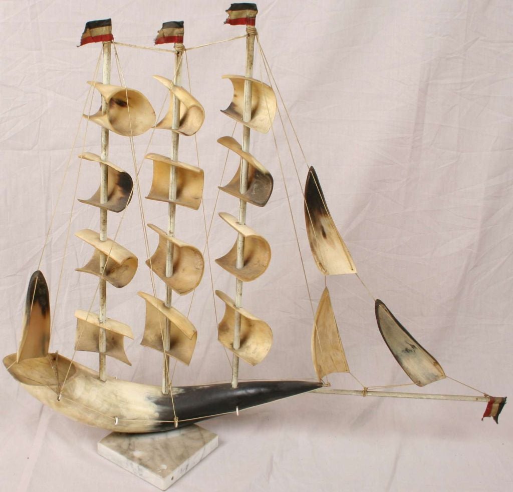 UNUSUAL Vintage Dutch Model Sailing Ship Boat Horn Bone 2