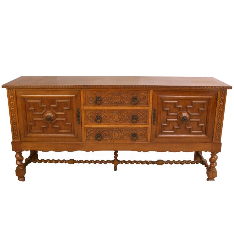 Vintage Spanish Renaissance Sideboard Server Carved Oak