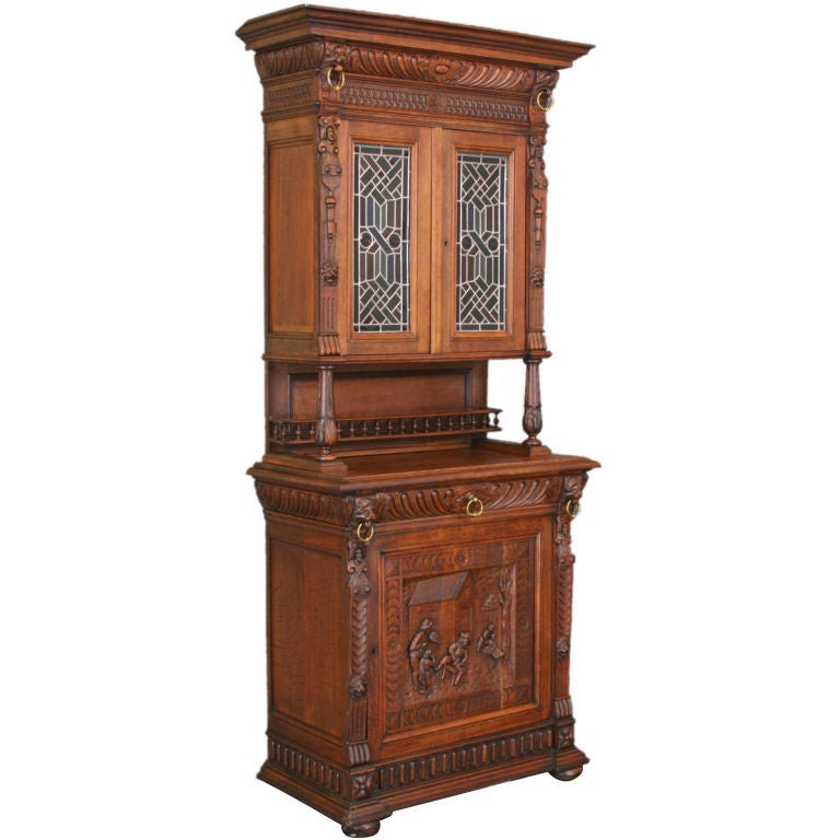 Antique Renaissance Mechelen Buffet Stained Glass Lions